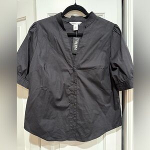 White House Black Market Black V-Neck Button Front Puff Sleeve Blouse Size 10